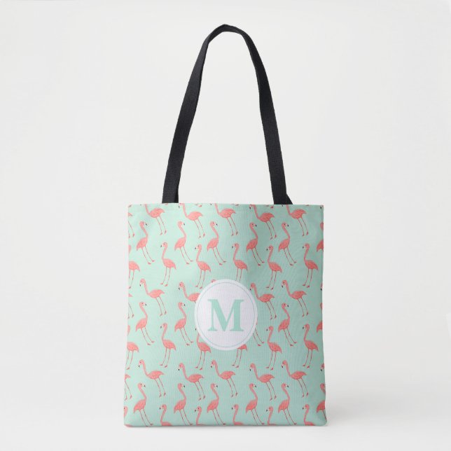 Cute Pink Flamingo Drawing Pattern | Monogram Tote Bag (Front)
