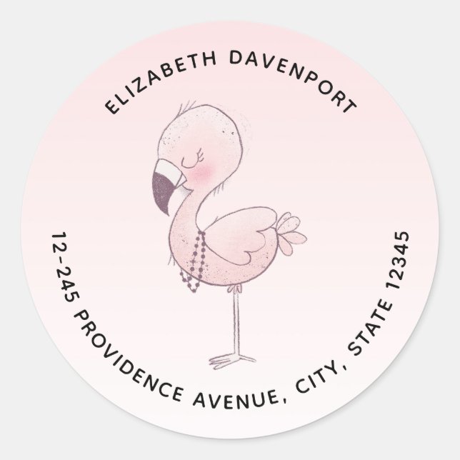 Cute Pink Flamingo Illustration Address Classic Round Sticker (Front)