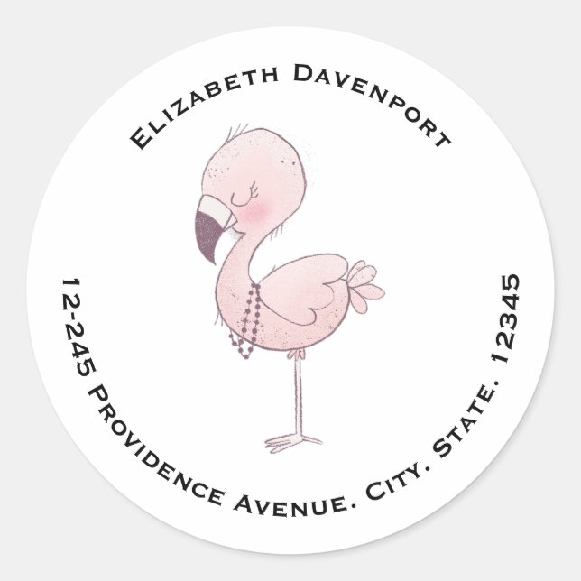Cute Pink Flamingo Illustration Address Classic Round Sticker (Front)