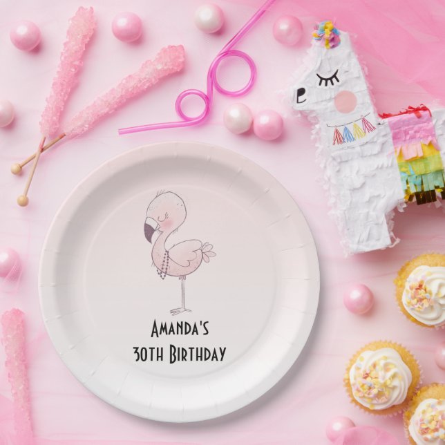Cute Pink Flamingo Illustration Birthday Paper Plate (Party)
