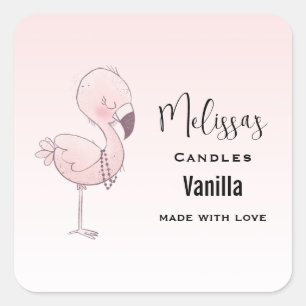 Cute Pink Flamingo Illustration Candle Business Square Sticker