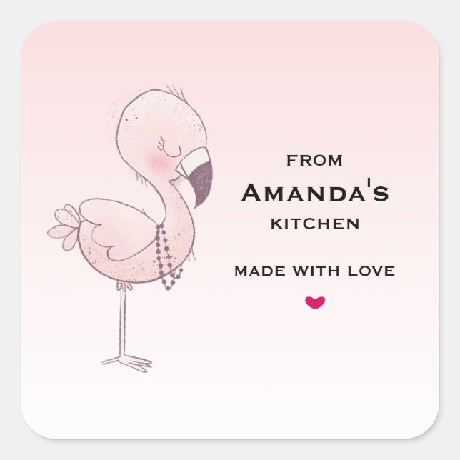 Cute Pink Flamingo Illustration Kitchen Square Sticker (Front)