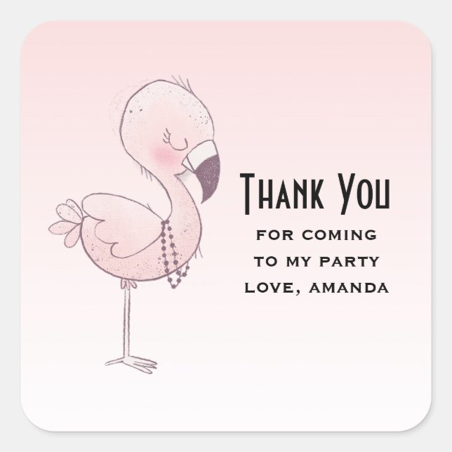 Cute Pink Flamingo Illustration Party Thank You Square Sticker (Front)