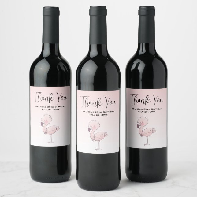 Cute Pink Flamingo Illustration Party Thank You Wine Label (Bottles)