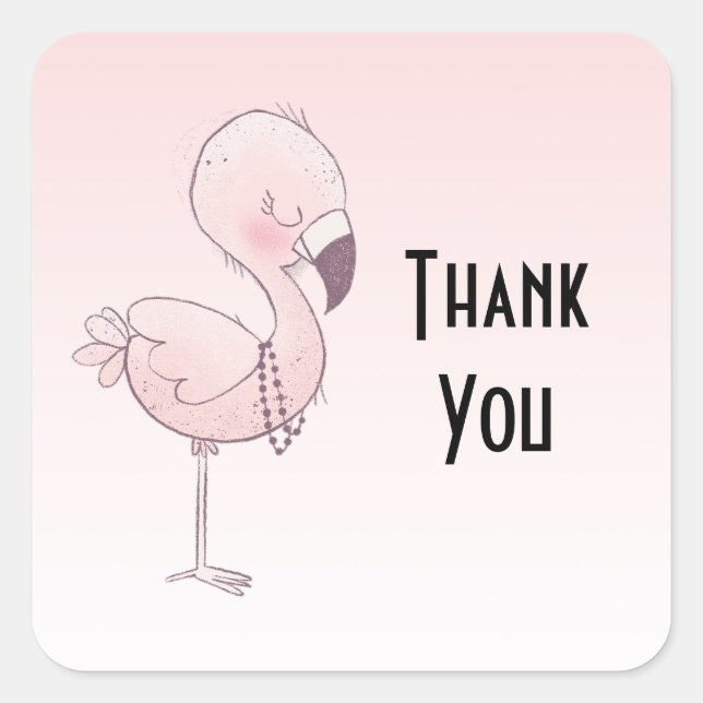 Cute Pink Flamingo Illustration Thank You Square Sticker (Front)