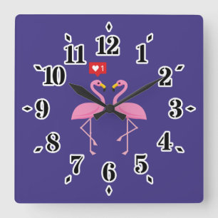 Cute Pink Flamingo Like Heart Pastel Square Wall Clock