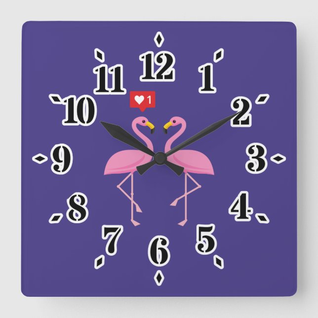Cute Pink Flamingo Like Heart Pastel Square Wall Clock (Front)