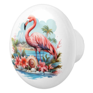 Cute pink flamingo lovers beach house ceramic knob