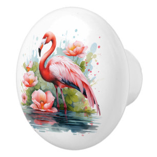 Cute pink flamingo lovers beach house ceramic knob