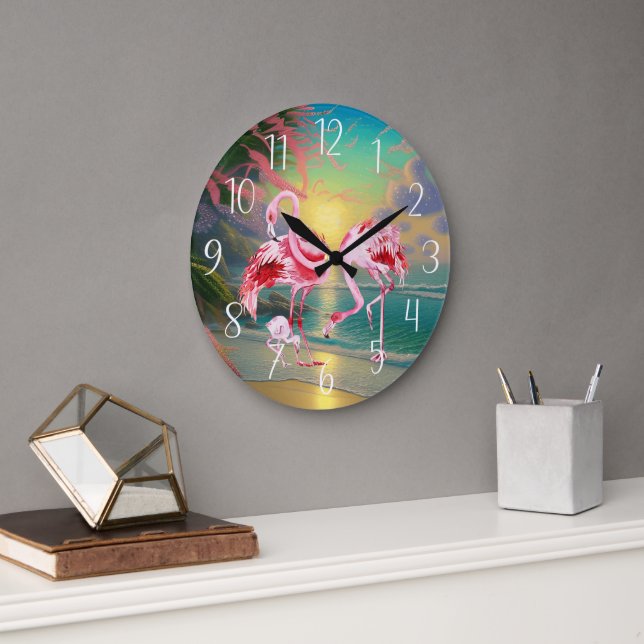 cute pink flamingo lovers beach house large clock (Office)