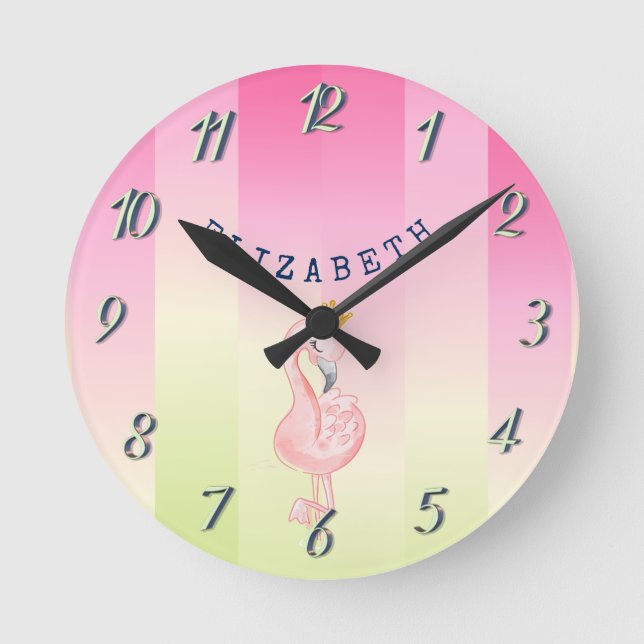 Cute Pink Flamingo Ombre Striped   Round Clock (Front)