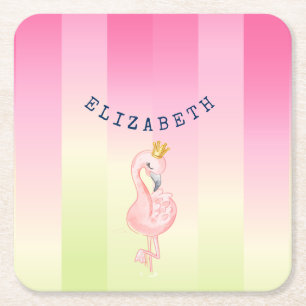 Cute Pink Flamingo Ombre Striped Square Paper Coaster