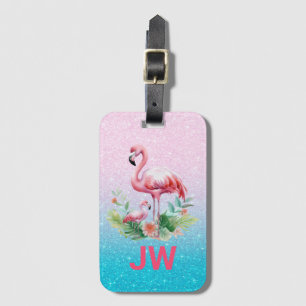 Cute Pink Flamingo On Glittery Background Luggage Tag