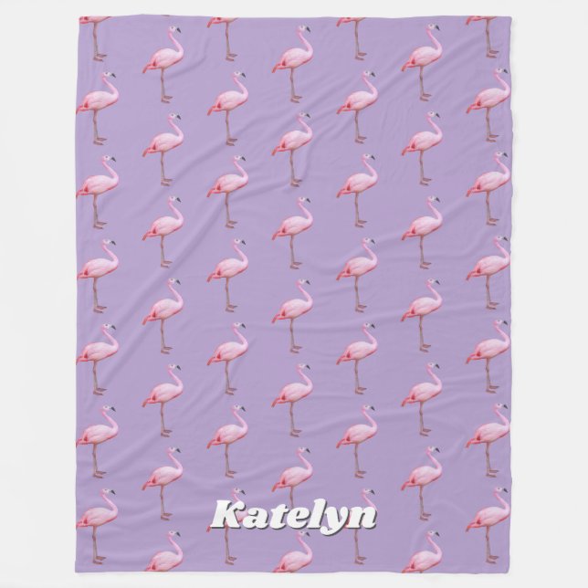 Cute Pink Flamingo Pattern Name Pink & Purple Vert Fleece Blanket (Front)