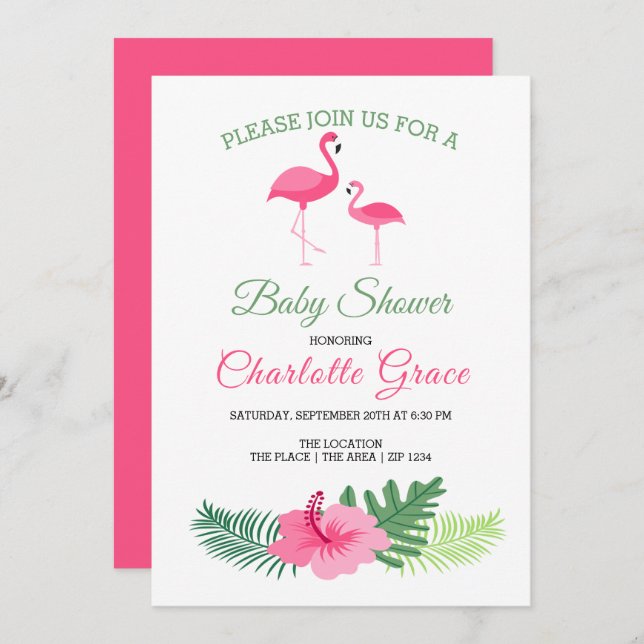 Cute Pink Flamingo Personalized Baby Shower Invitation (Front/Back)
