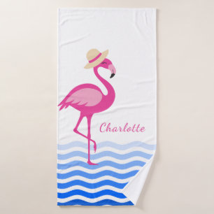 Cute pink flamingo sea waves monogram bath towel
