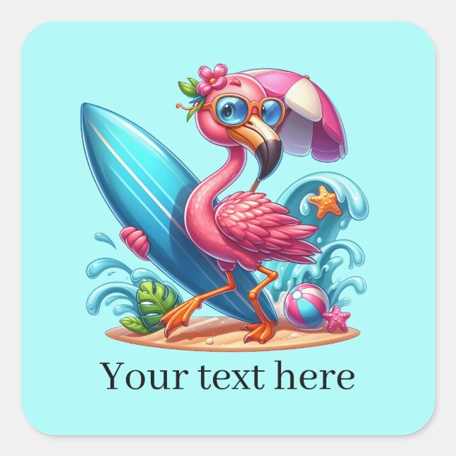 Cute pink flamingo surfing square sticker (Front)