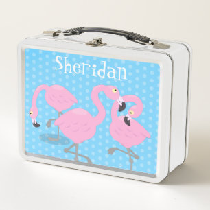 Cute pink flamingo trio blue cartoon illustration metal lunch box
