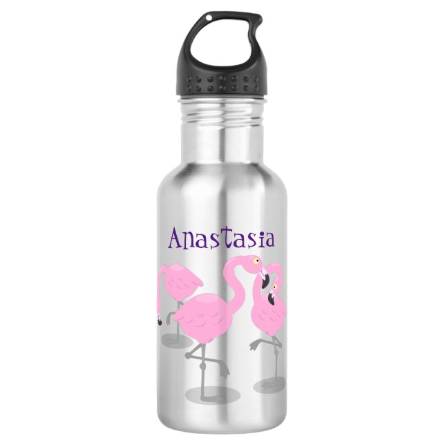 Cute pink flamingo trio cartoon illustration 532 ml water bottle (Front)