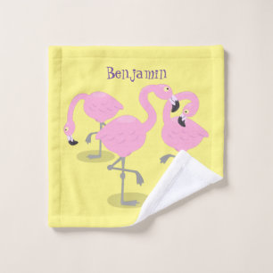 Cute pink flamingo trio cartoon illustration bath towel set