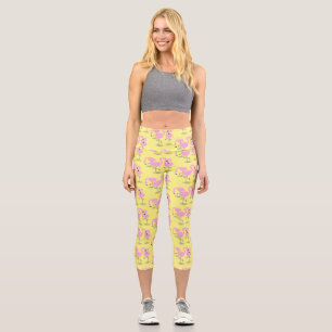 Cute pink flamingo trio cartoon illustration capri leggings