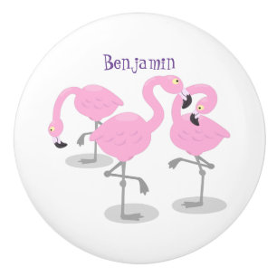 Cute pink flamingo trio cartoon illustration ceramic knob