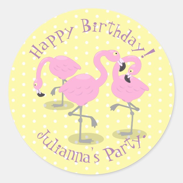 Cute pink flamingo trio cartoon illustration classic round sticker (Front)