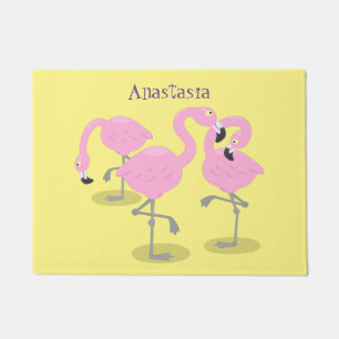 Cute pink flamingo trio cartoon illustration doormat