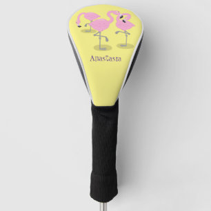 Cute pink flamingo trio cartoon illustration golf head cover