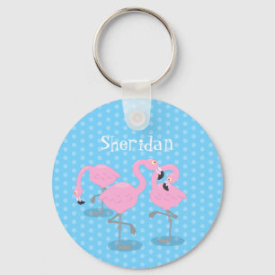 Cute pink flamingo trio cartoon illustration keychain