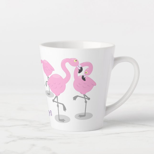 Cute pink flamingo trio cartoon illustration latte mug (Right)
