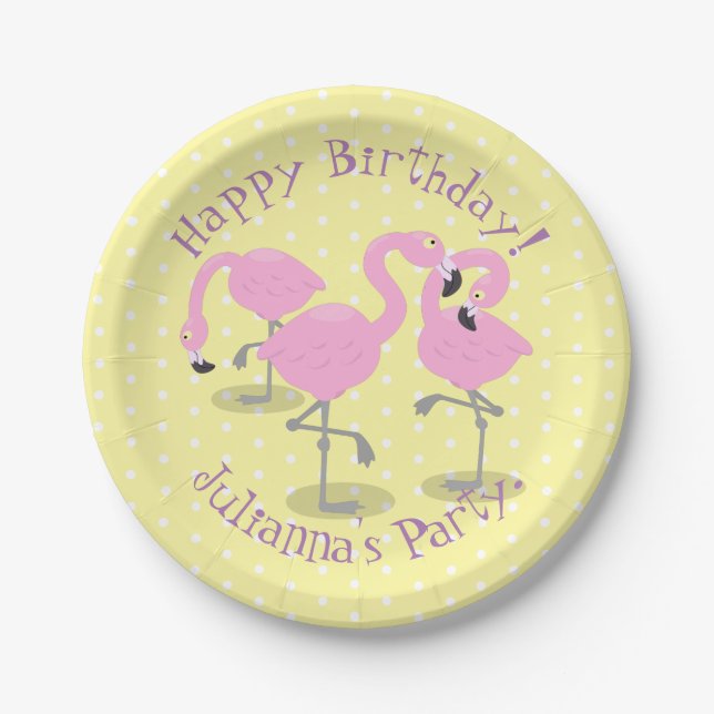 Cute pink flamingo trio cartoon illustration paper plate (Front)