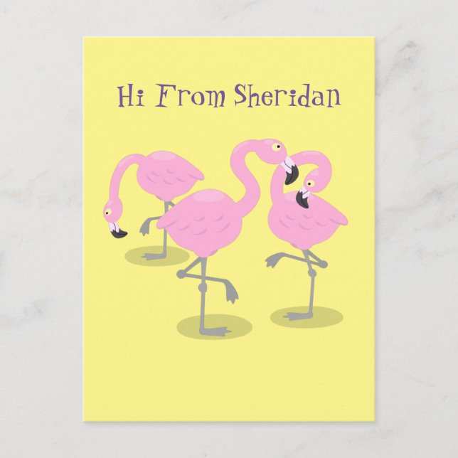 Cute pink flamingo trio cartoon illustration postcard (Front)