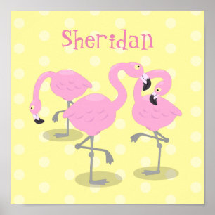 Cute pink flamingo trio cartoon illustration poster