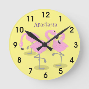 Cute pink flamingo trio cartoon illustration round clock