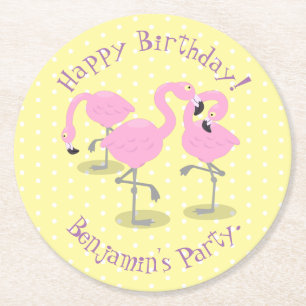 Cute pink flamingo trio cartoon illustration round paper coaster