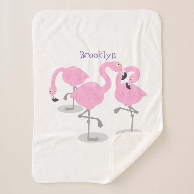 Cute pink flamingo trio cartoon illustration  sherpa blanket (Front)