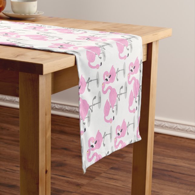 Cute pink flamingo trio cartoon illustration short table runner (In Situ)