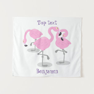 Cute pink flamingo trio cartoon illustration  tapestry