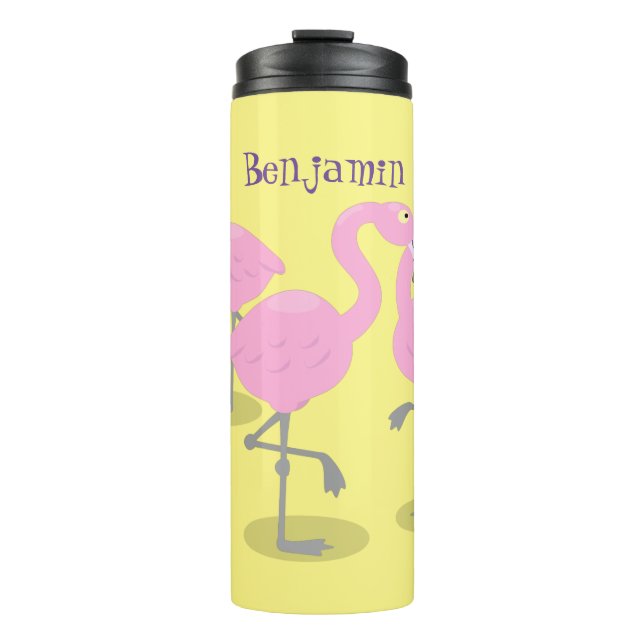 Cute pink flamingo trio cartoon illustration thermal tumbler (Front)