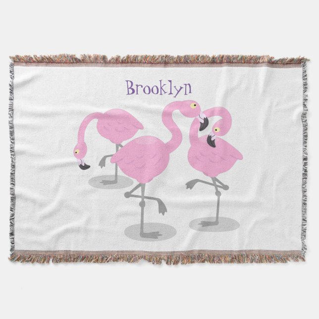 Cute pink flamingo trio cartoon illustration throw blanket (Front)