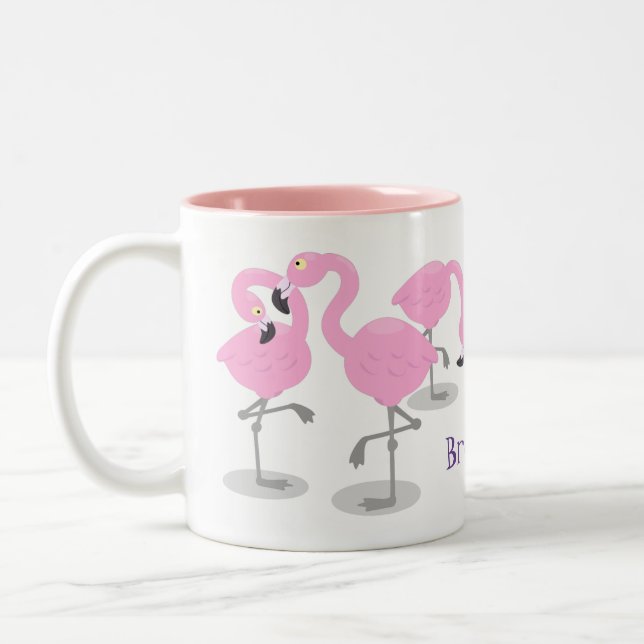 Cute pink flamingo trio cartoon illustration Two-Tone coffee mug (Left)