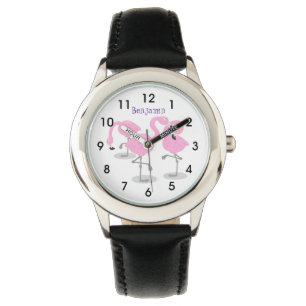 Cute pink flamingo trio cartoon illustration watch