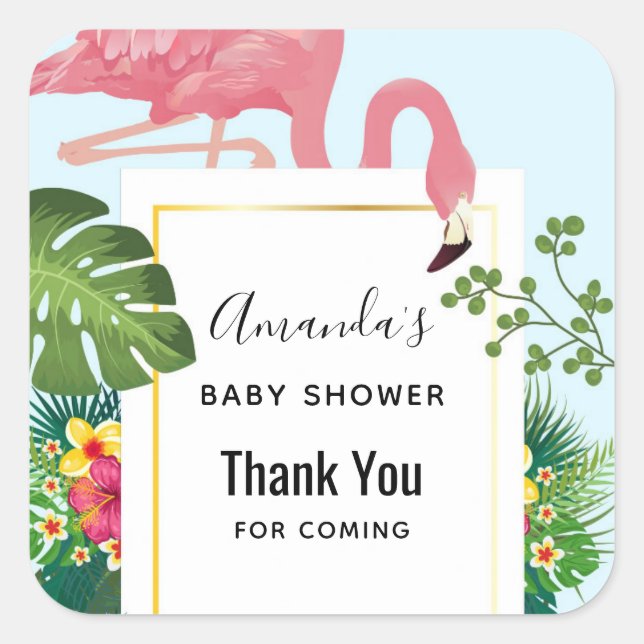 Cute Pink Flamingo Tropical Theme Baby Shower Square Sticker (Front)