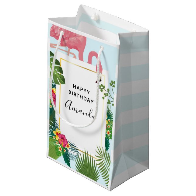 Cute Pink Flamingo Tropical Theme Birthday Small Gift Bag (Front Angled)