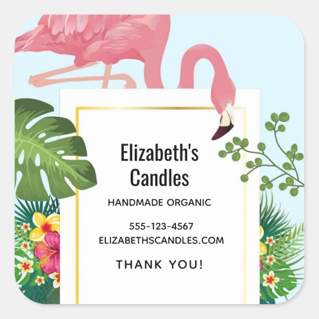 Cute Pink Flamingo Tropical Theme Business Square Sticker (Front)