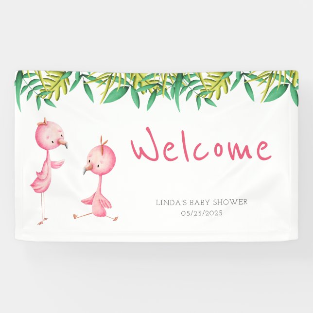 Cute Pink Flamingo Twins Baby Shower Welcome Banner (Horizontal)
