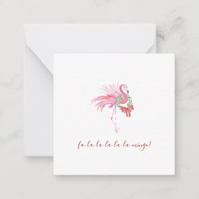 Cute Pink Flamingo Watercolor Mini Christmas Card (Front)