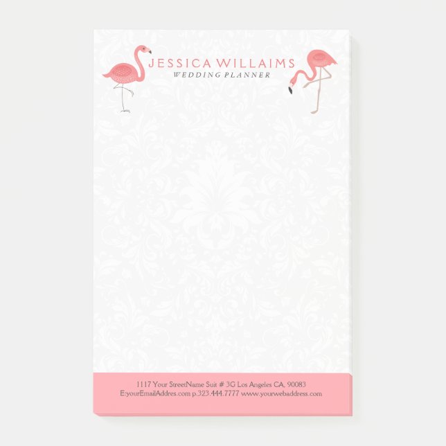 Cute pink Flamingo White Damasks Background Post-it Notes (Front)