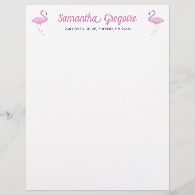Cute Pink Flamingo with Purple Letterhead (Front)